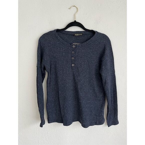 CCK Style Woman Dark Blue Ribbed Henley Button Sweater, Size Small - Picture 3 of 7